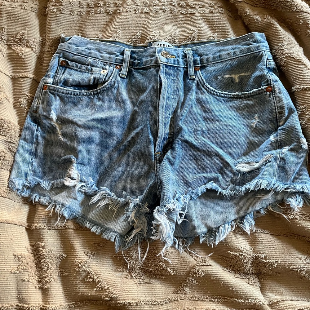 Agolde Parker Light Blue Frayed Jean Shorts